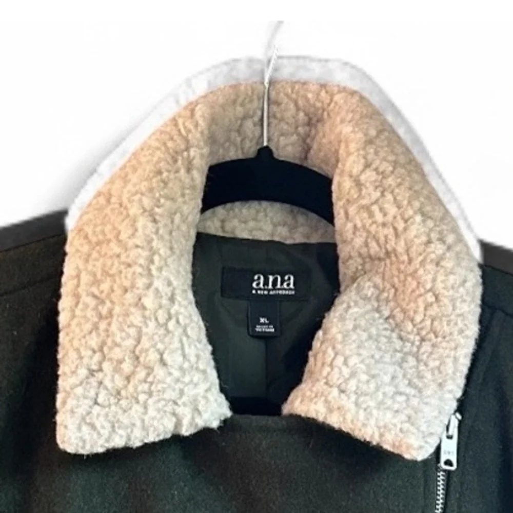 A New Approach Women Moto‎ Jacket Size XL Earthy Green Sherpa Assymetrical Zip